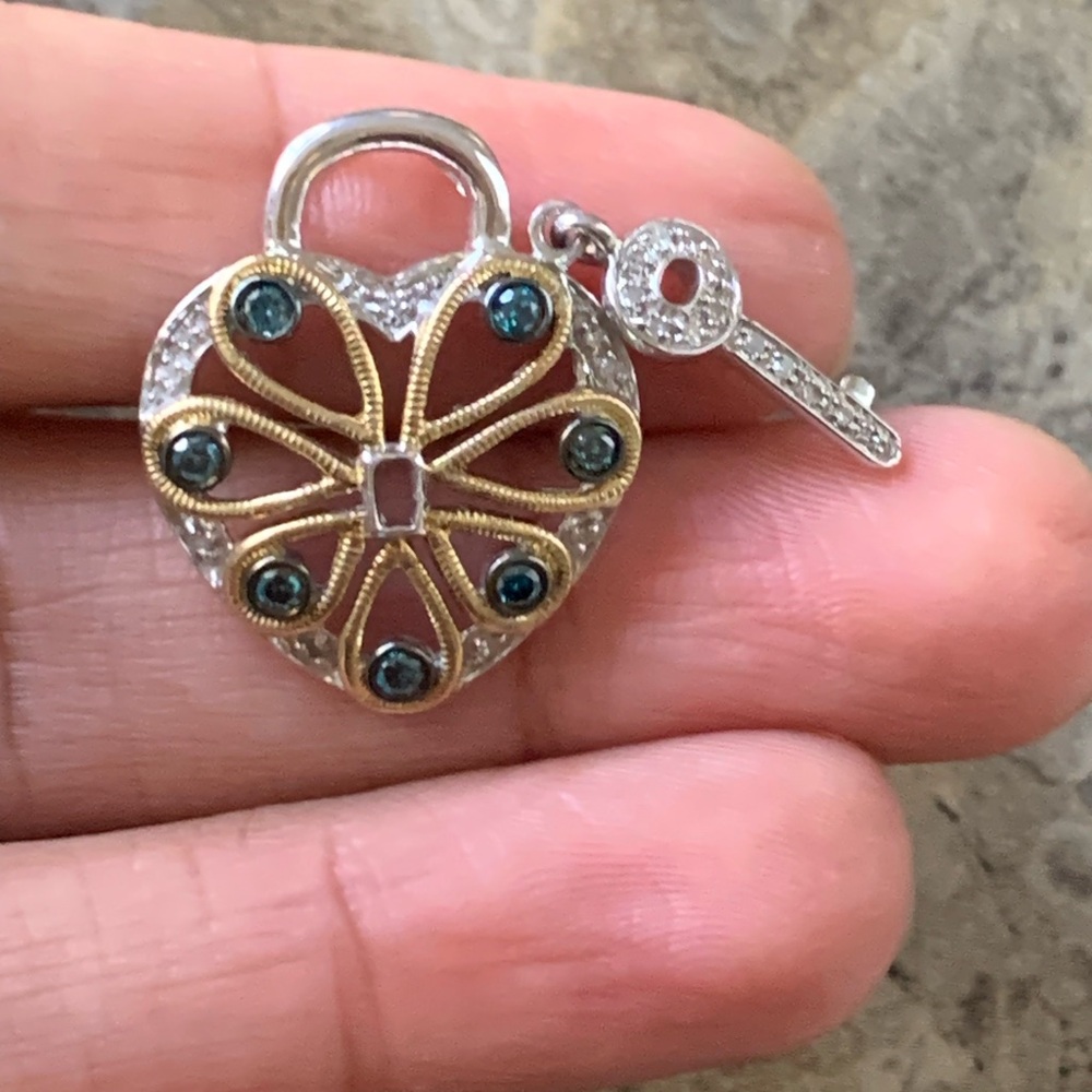 925 Sterling Silver Heart Pendant with Blue and white Diamonds